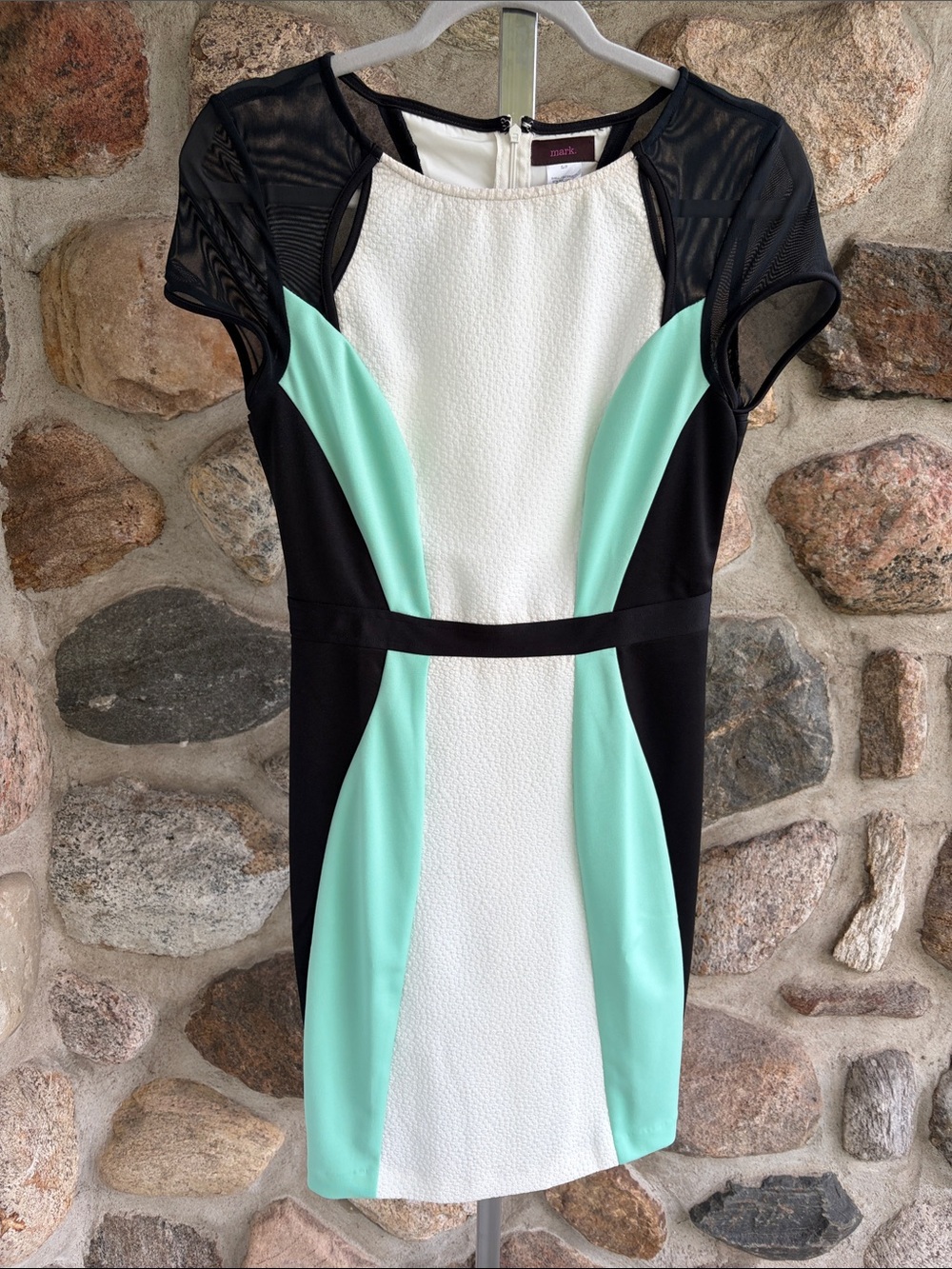 Mark. Mint, White & Black Colorblock Mesh-Sleeve Midi Dress
